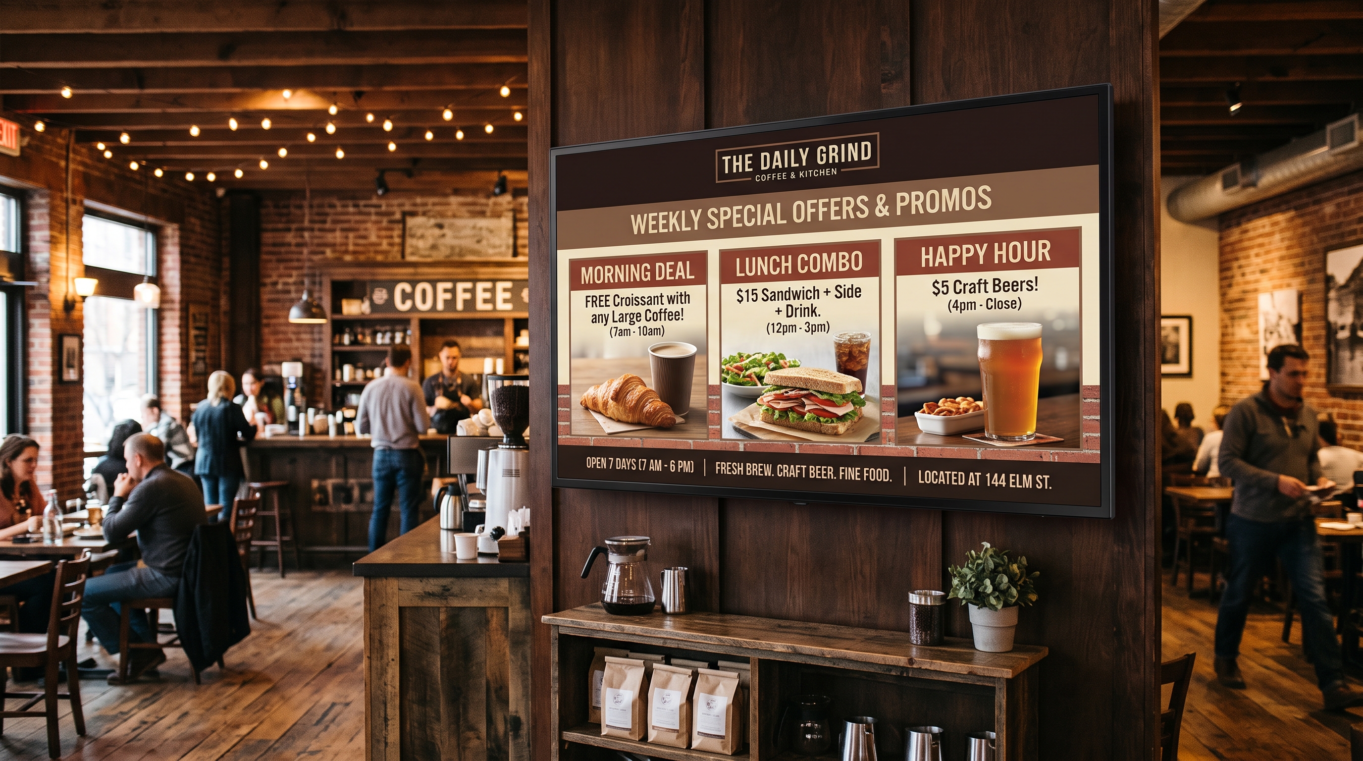 A digital menu screen running weekly promos in a coffee shop